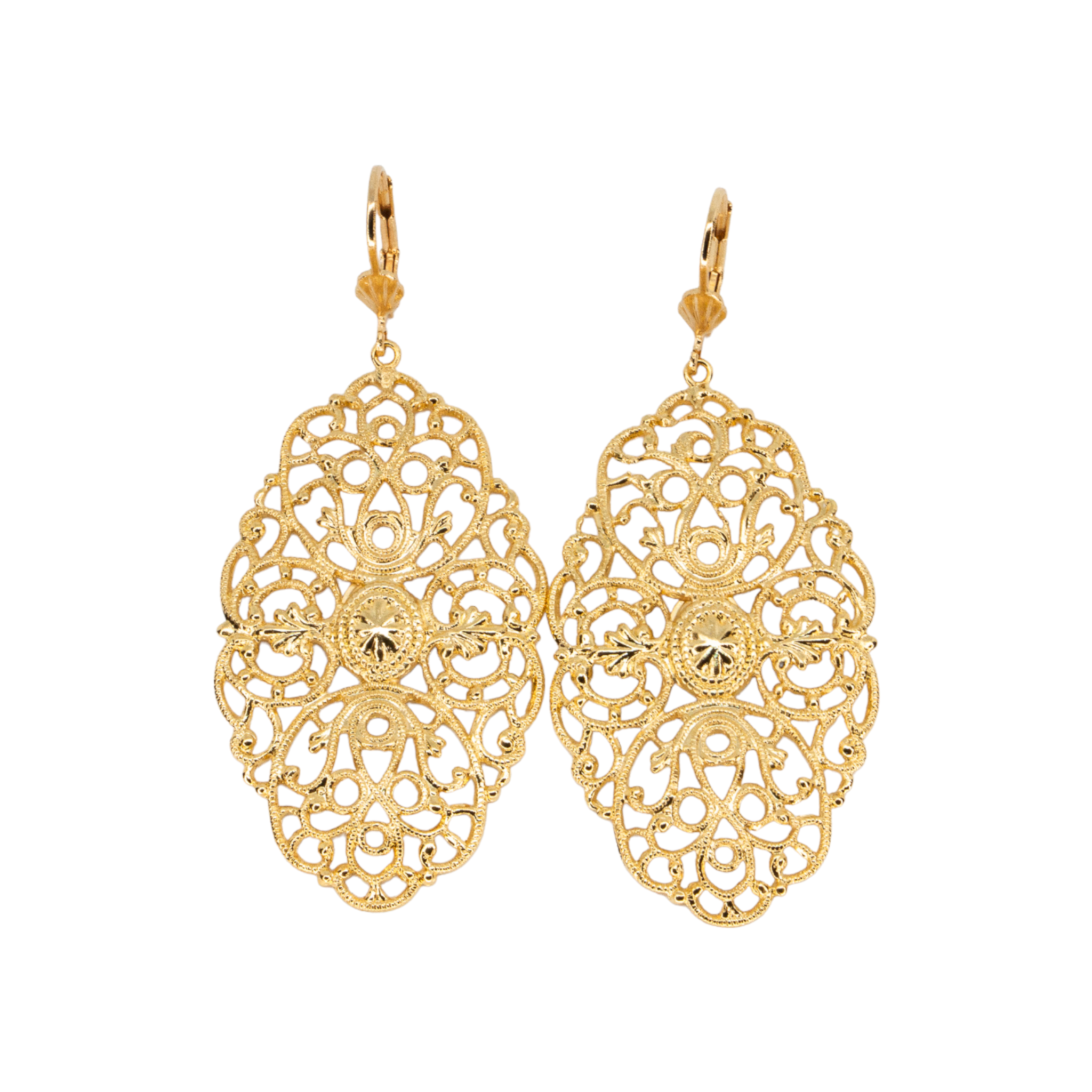 Boucles D'oreilles Pendantes Cœur Dentelle – Bijou Français, Or & Argent Baroque, Dormeuses, Neuf étiqueté