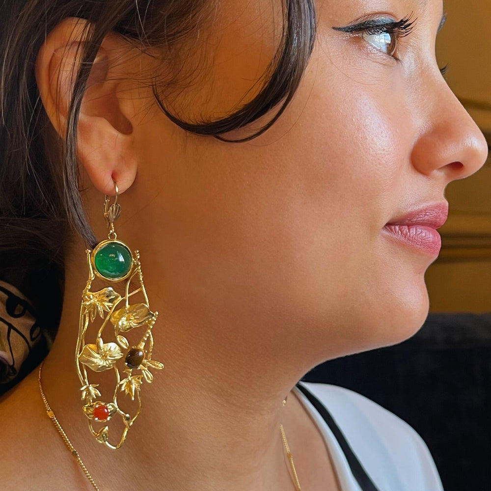 Collier & Boucles D’oreilles En Pierres Verte Mousse Et Orange – Lot 106 – Fait Main