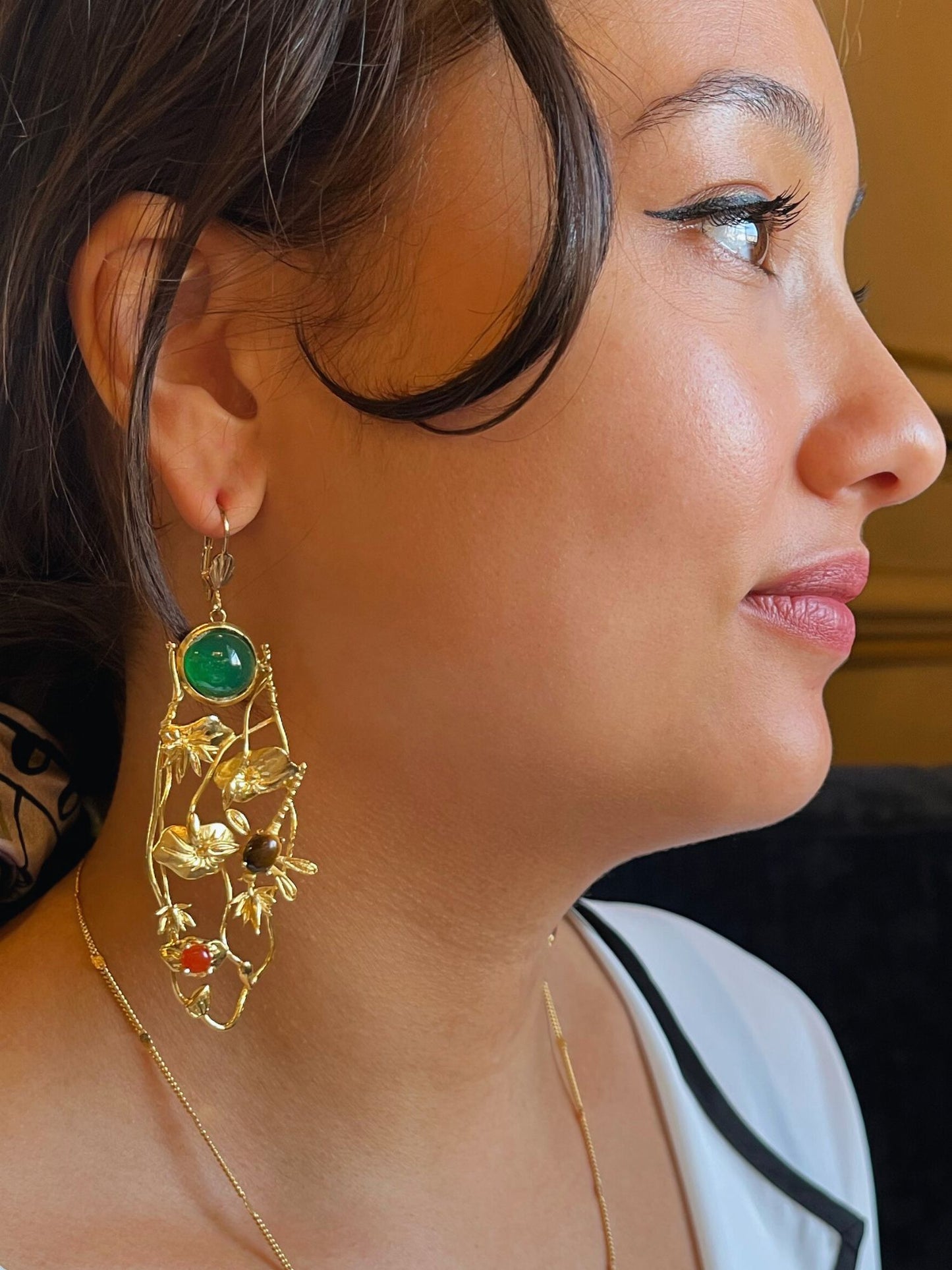 Boucles d'oreilles Giverny dorées Jade vert et pierres fines colorées