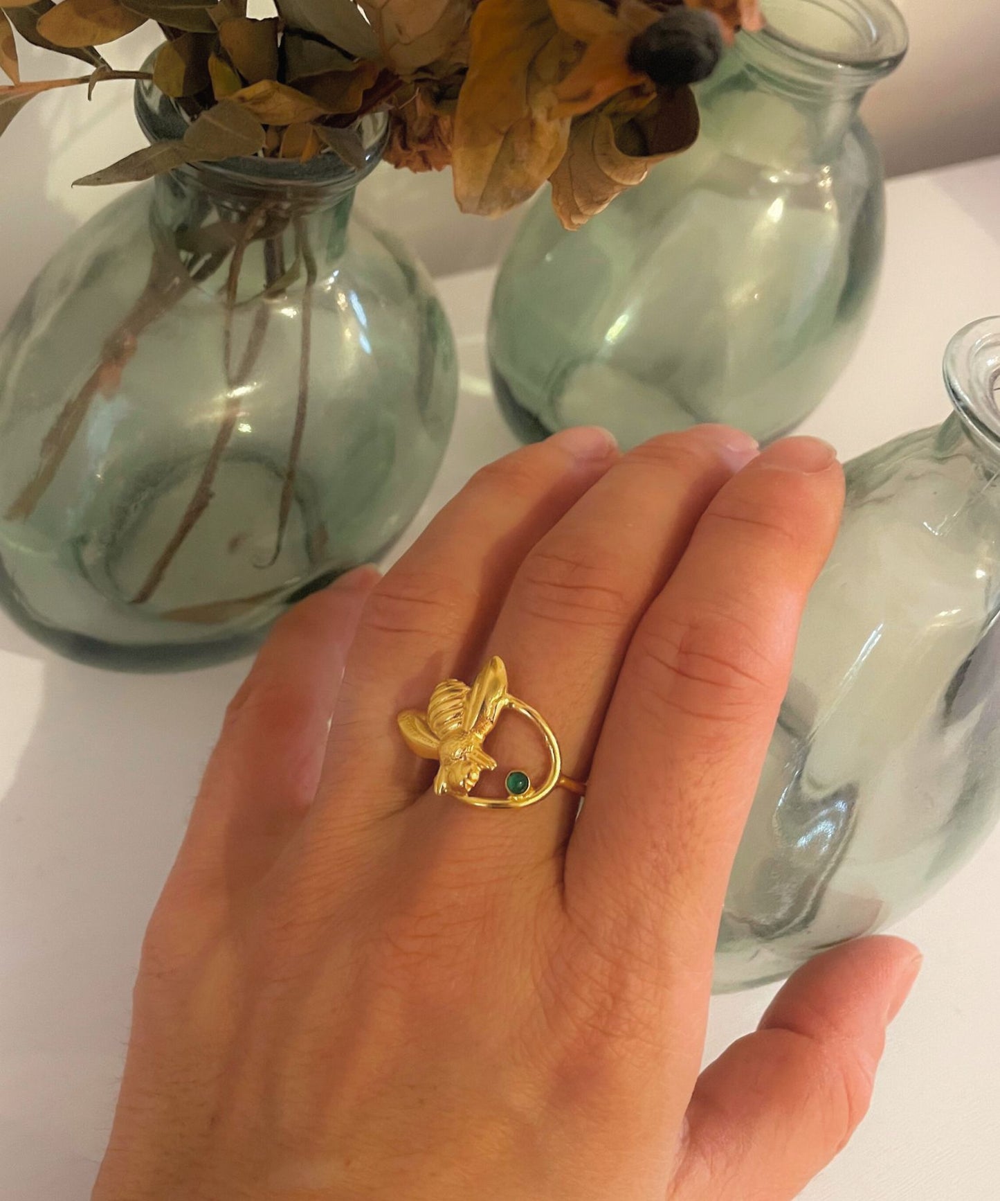 Bague Dorée Sun Bee Jade Vert