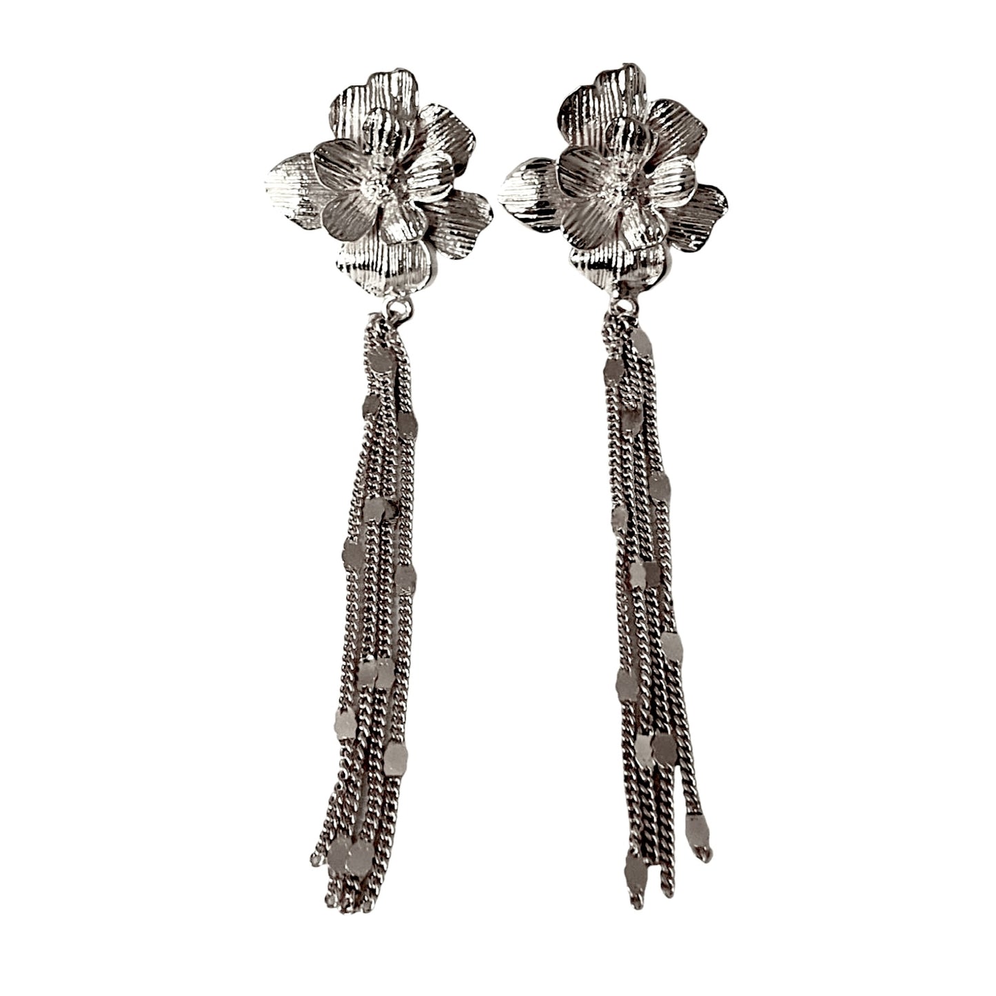 Lucia long silver flower earrings