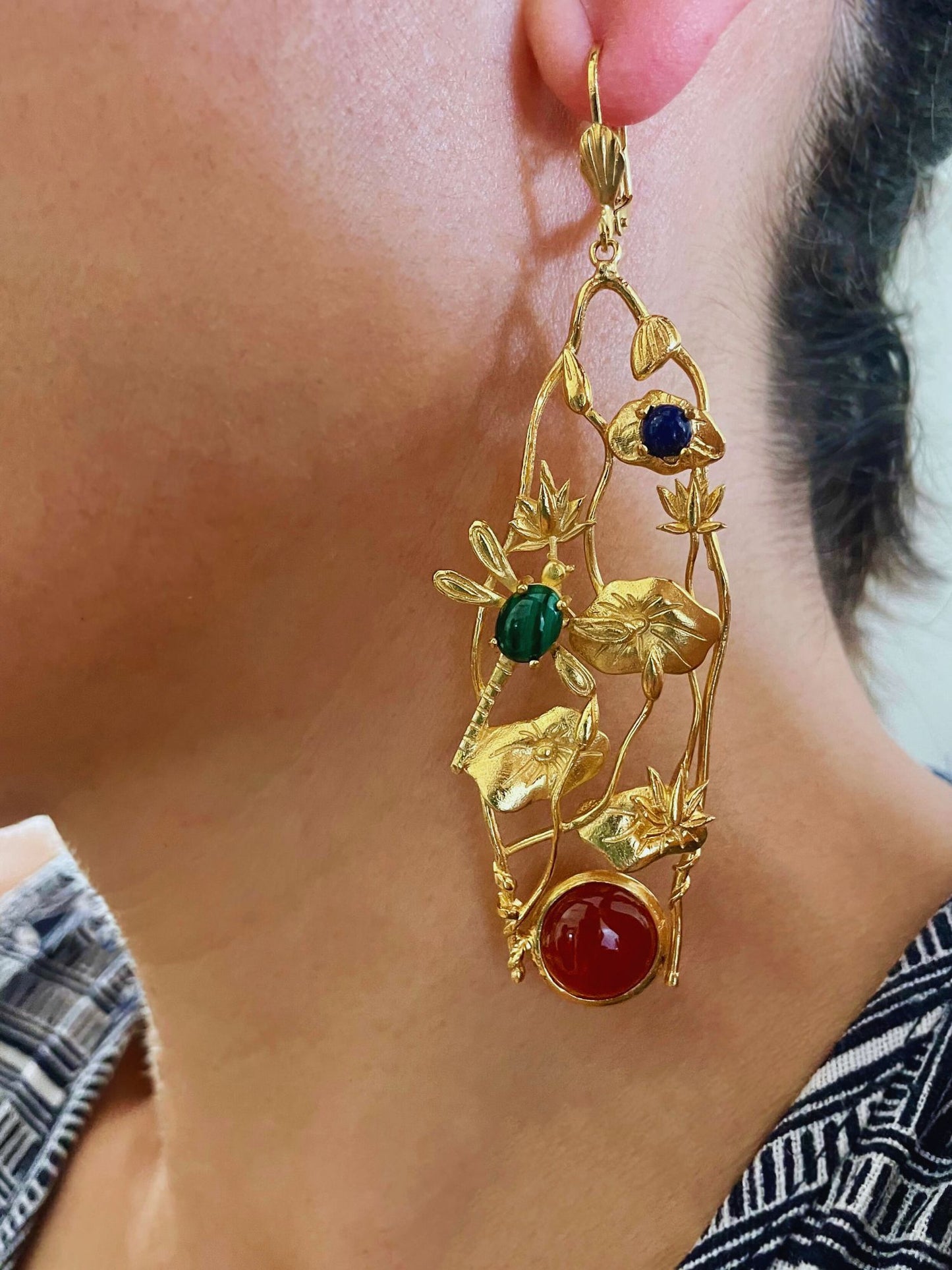Boucles d'oreilles Giverny dorées Cornaline rouge et pierres fines colorées