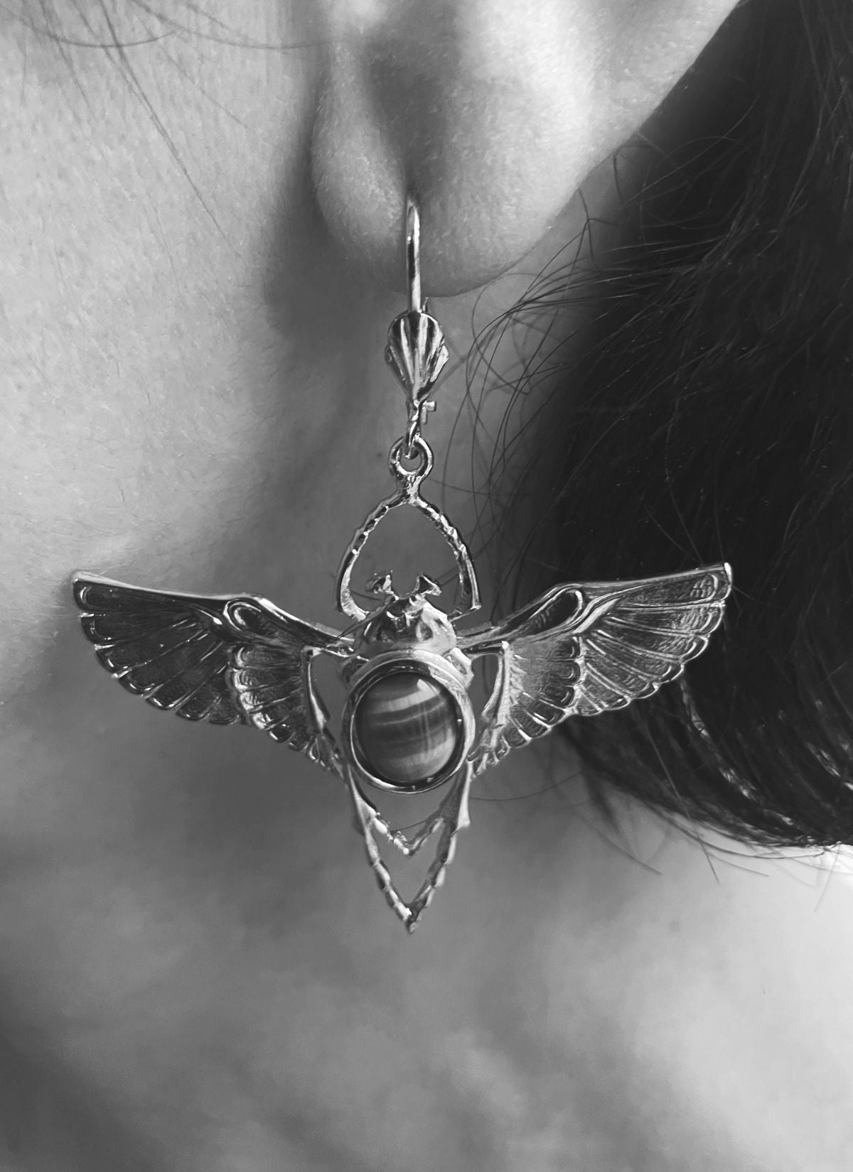 Silver Beetle Tiger eye earrings