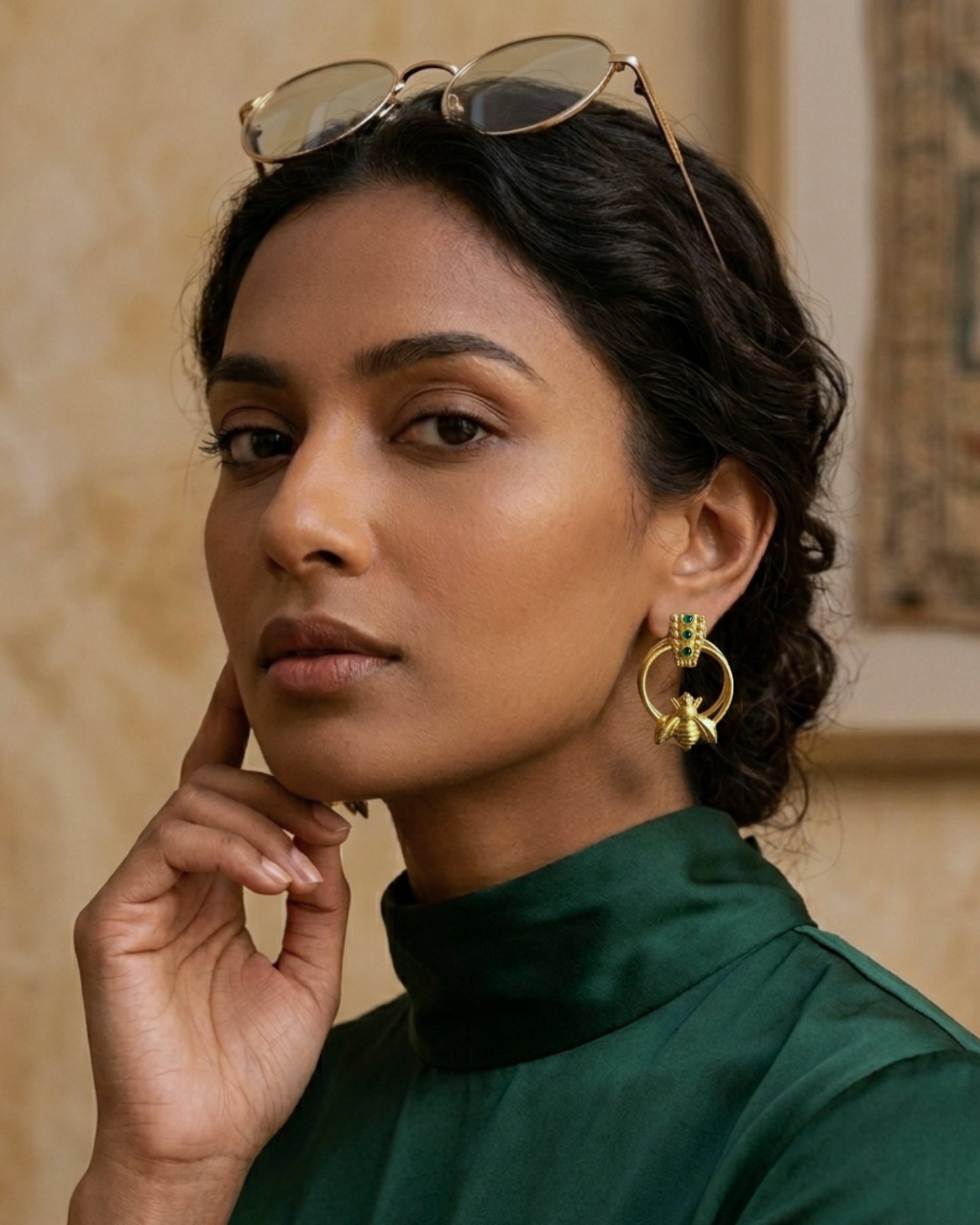Boucles d'oreilles Dorées Inca Bee Jade Vert