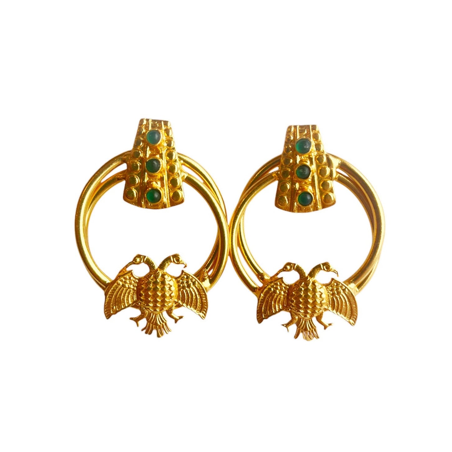 Boucles d'oreilles Dorées Inca Eagle Jade Vert