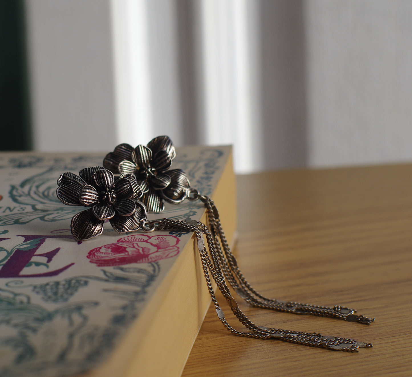 Lucia long silver flower earrings