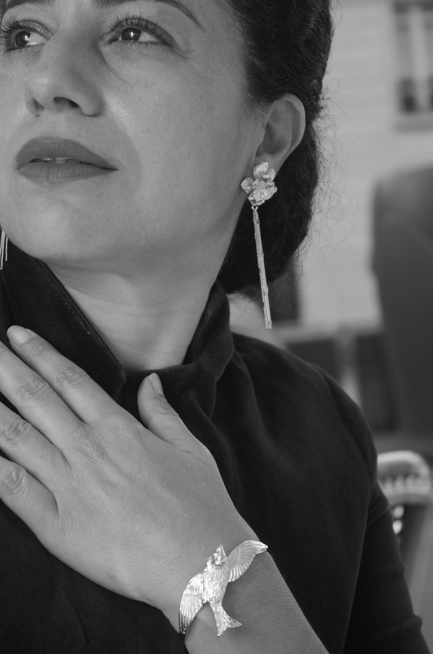 Lucia long silver flower earrings