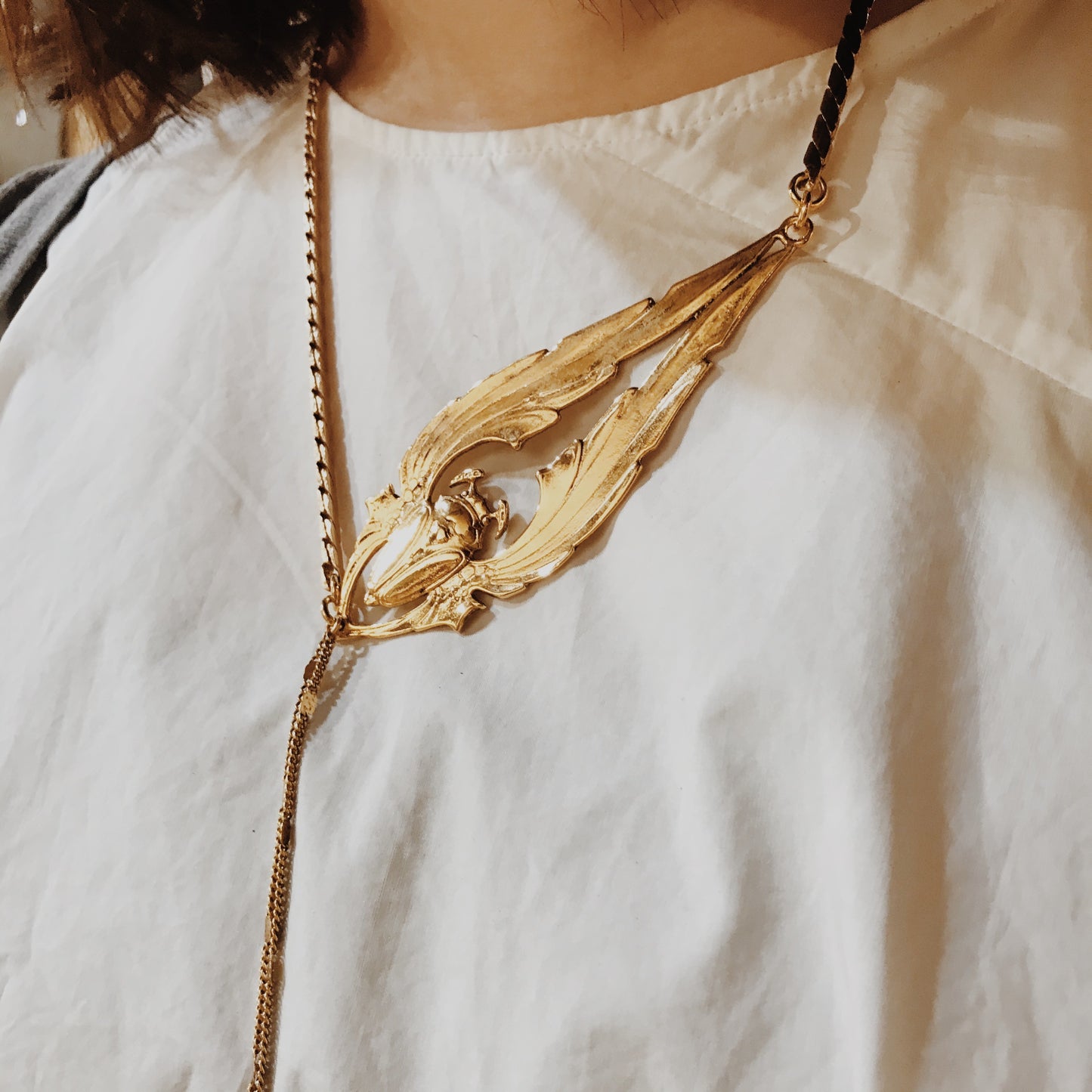 Long golden beetle necklace