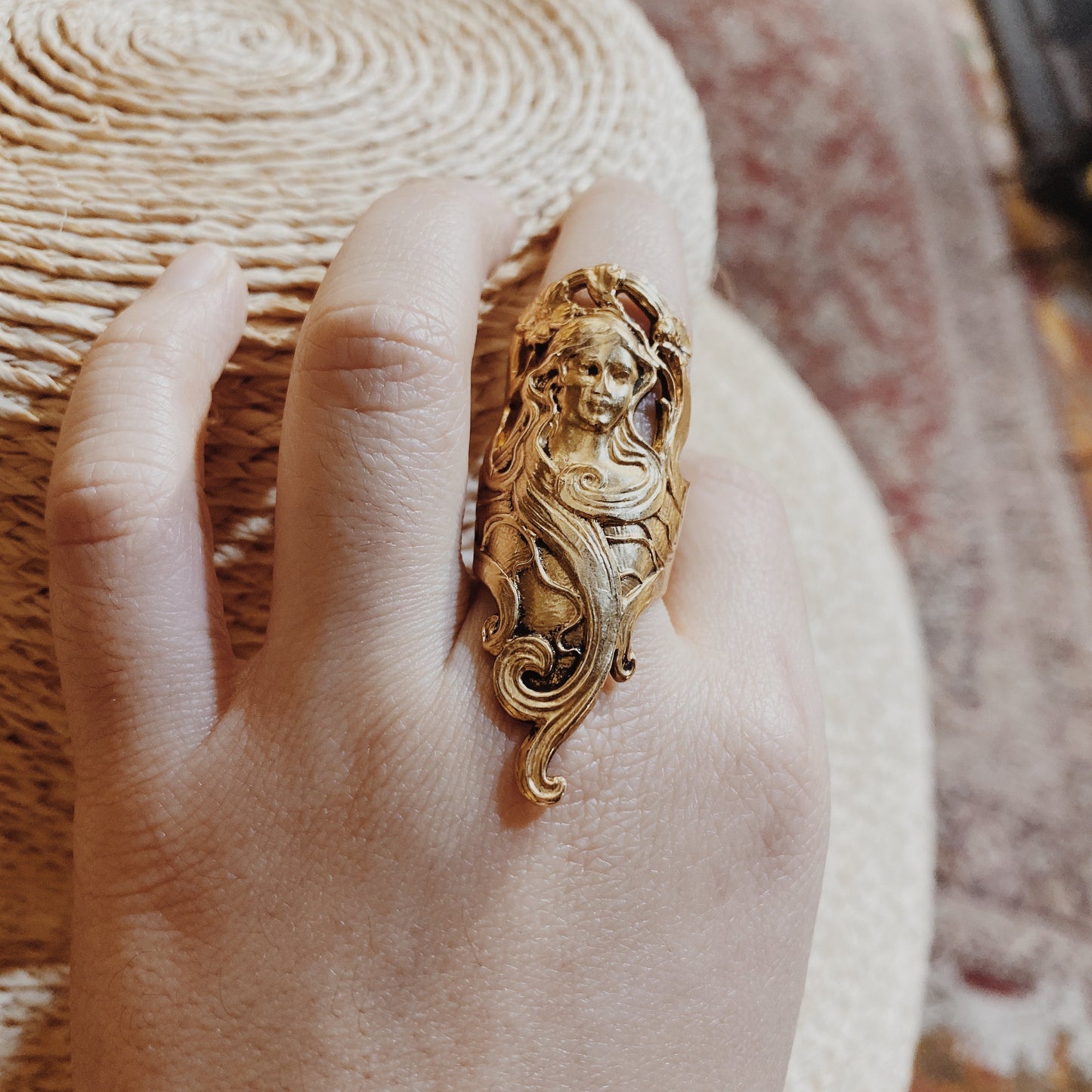 Gold mucha style ring with girl illustration