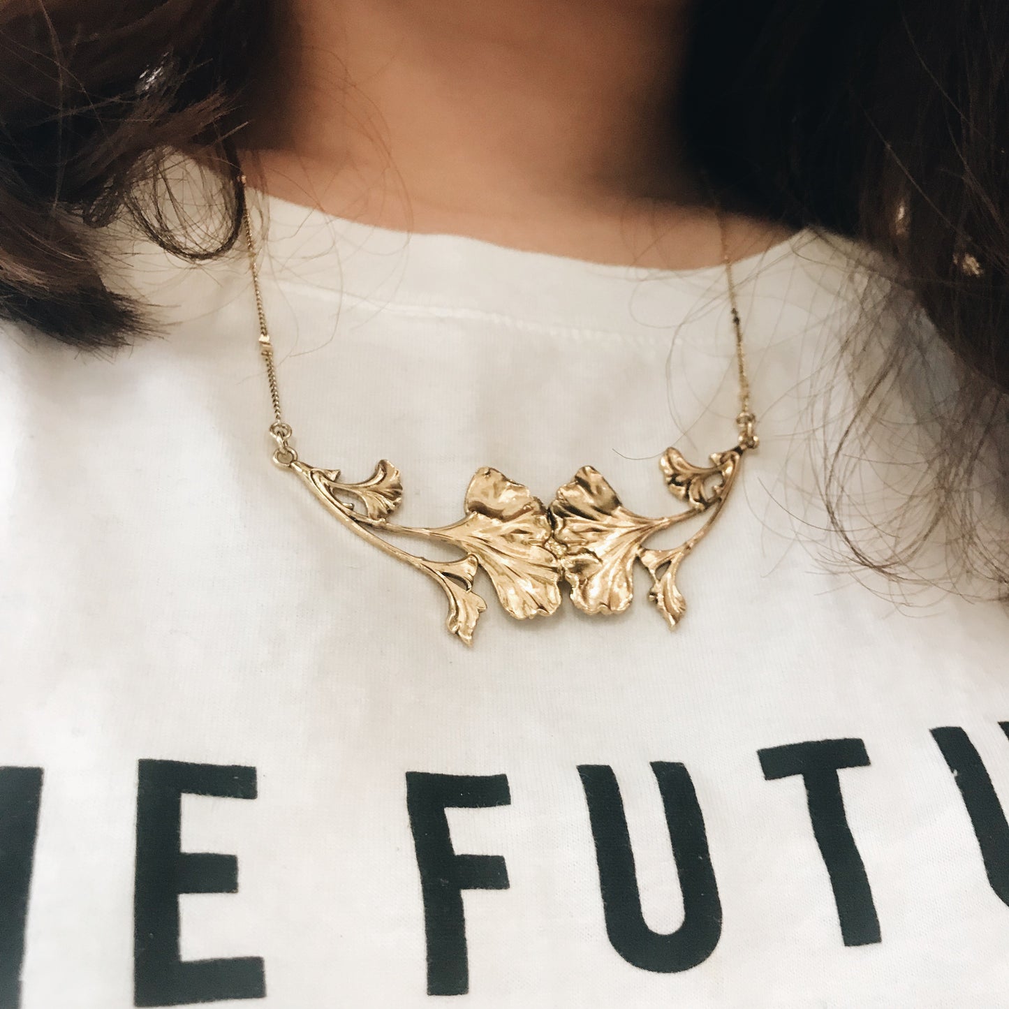 Double Golden Ginkgo Necklace