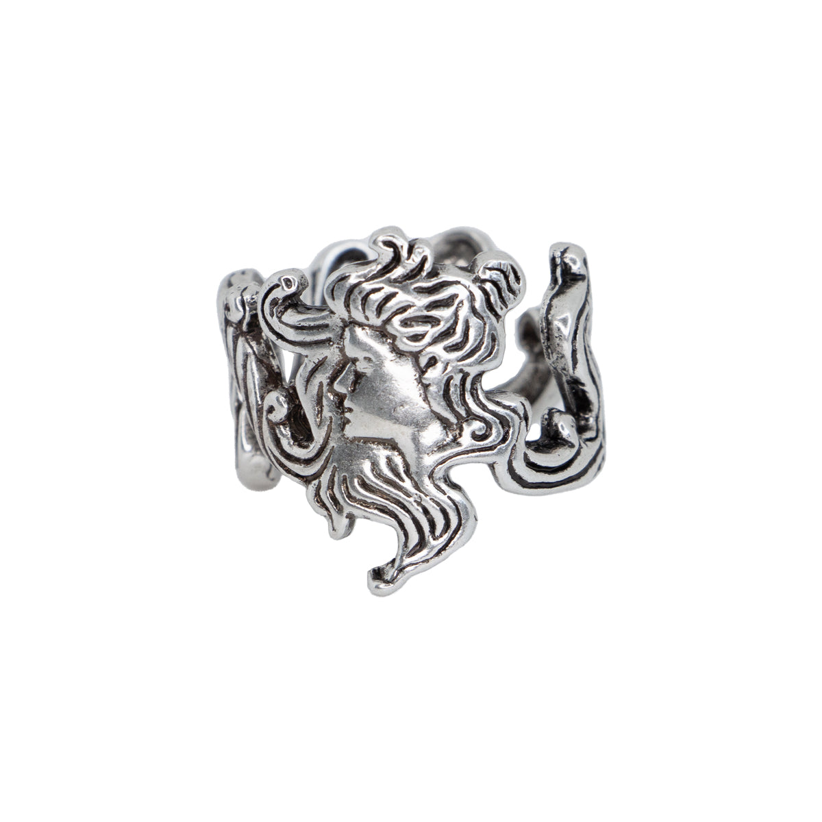 Baroque Art Nouveau style silver ring with portrait of a woman
