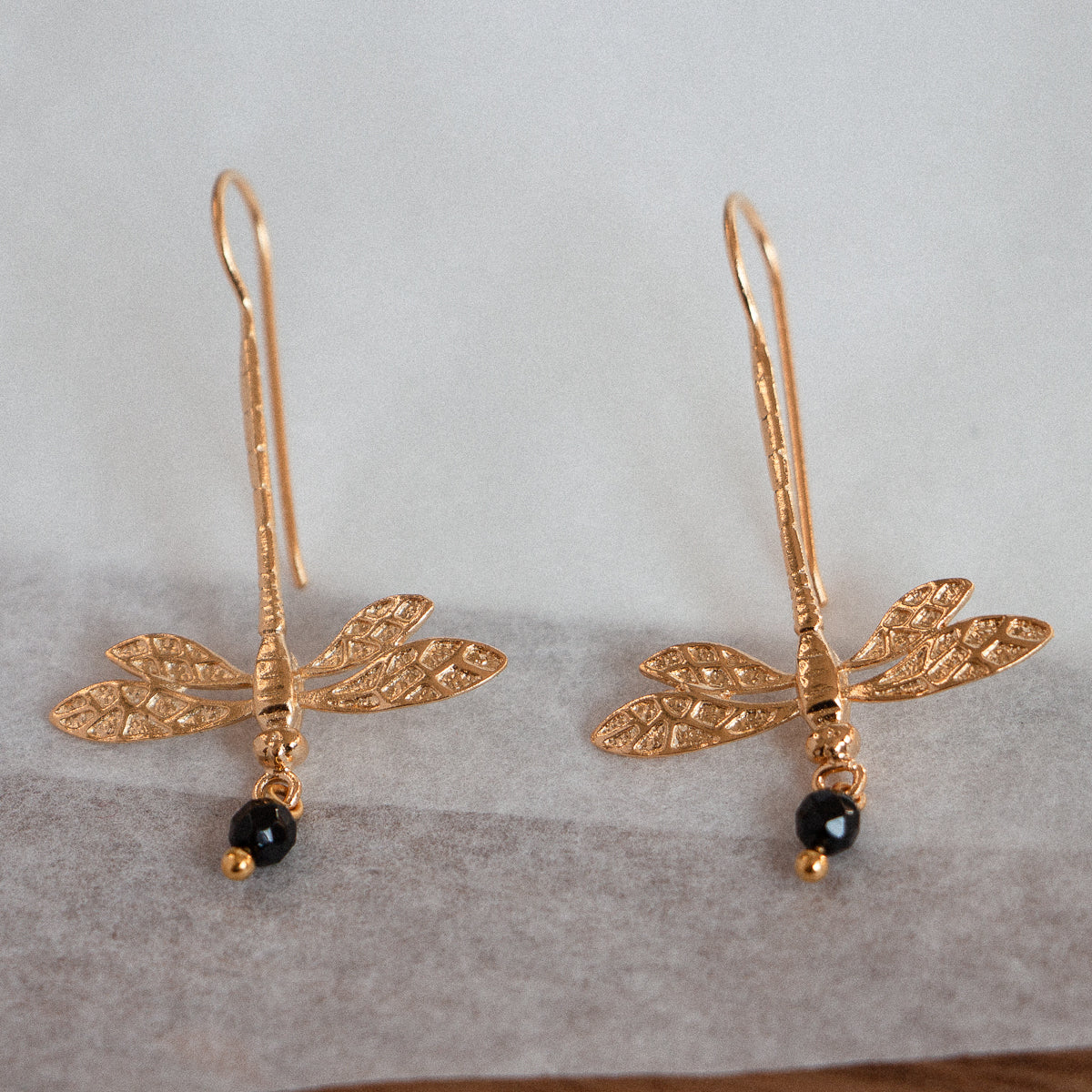 Gold-plated Dragonfly Onyx Earrings