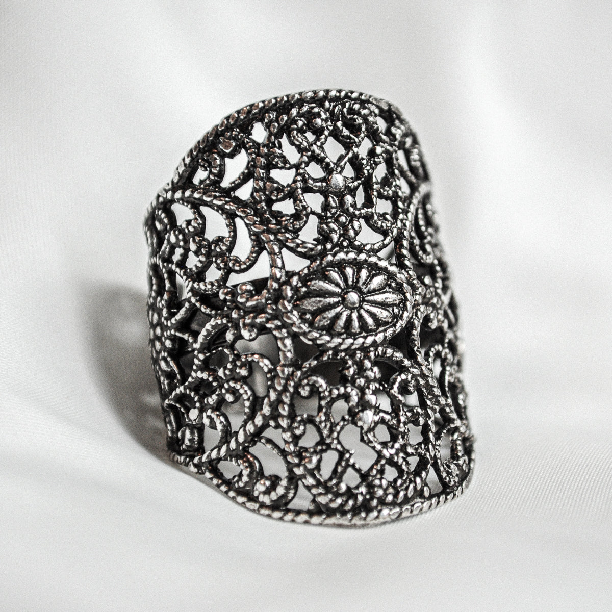 Silver lace motif ring from Lotta Djossou