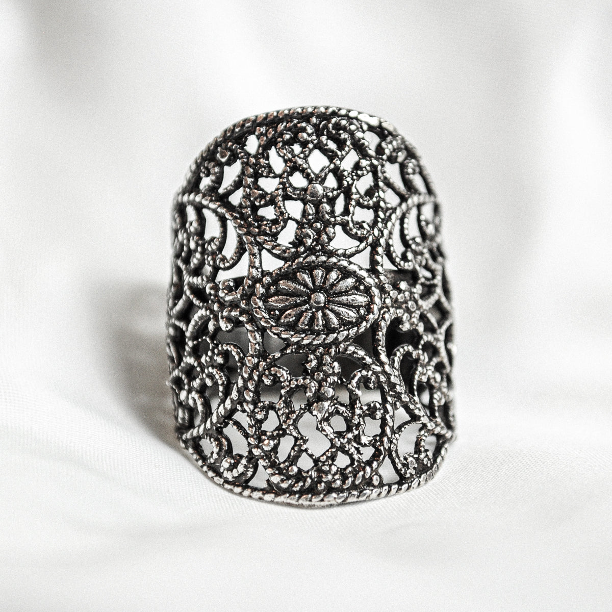 Silver lace motif ring from Lotta Djossou