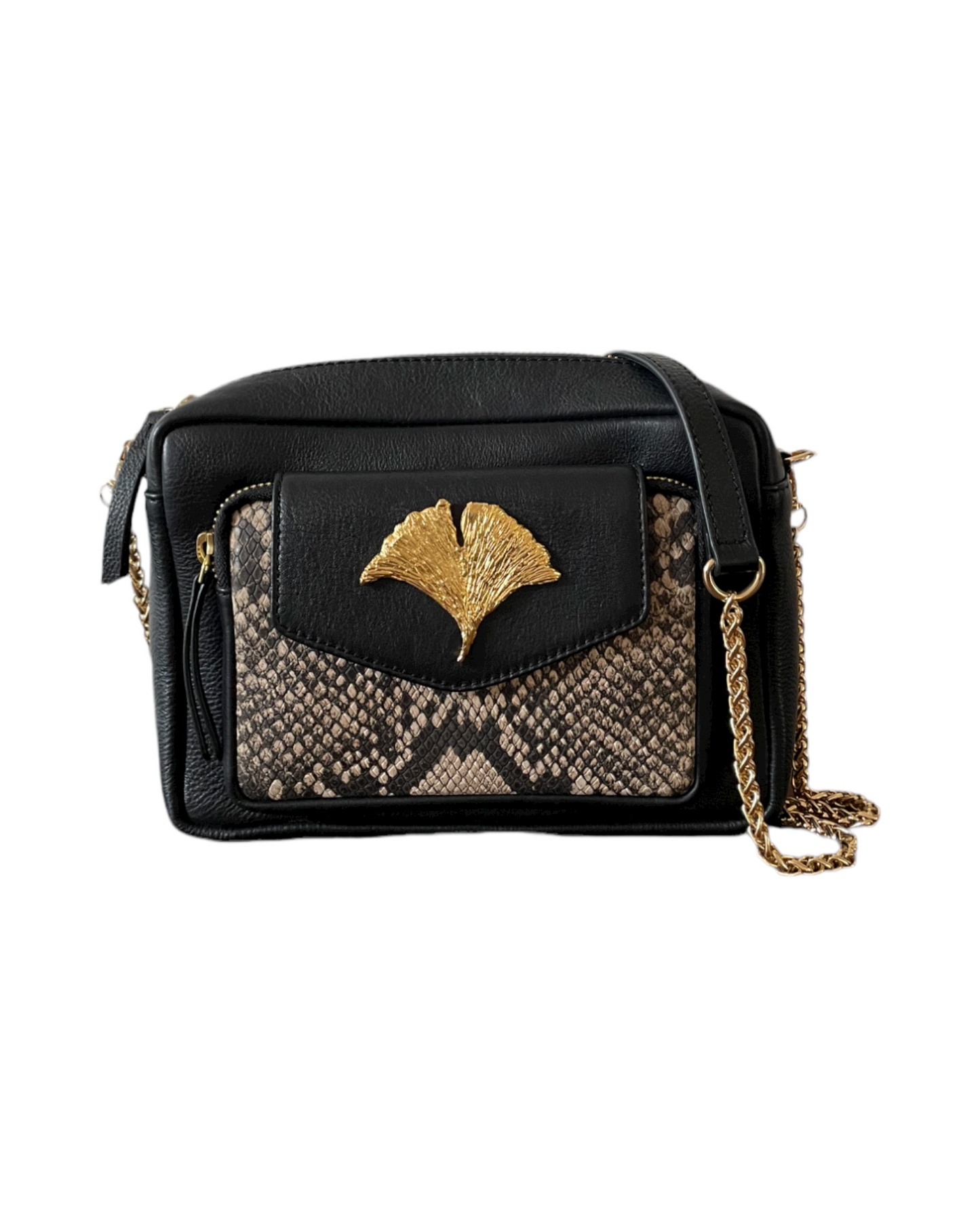 NUMERO 2-Ginkgo Leather Bag Black and Ecru