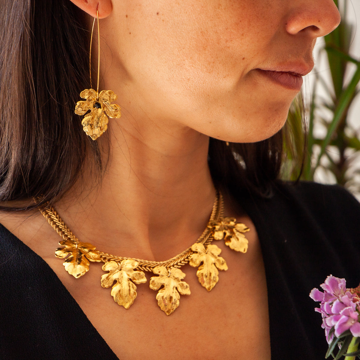 Earrings Fig Leaves Stem Golden