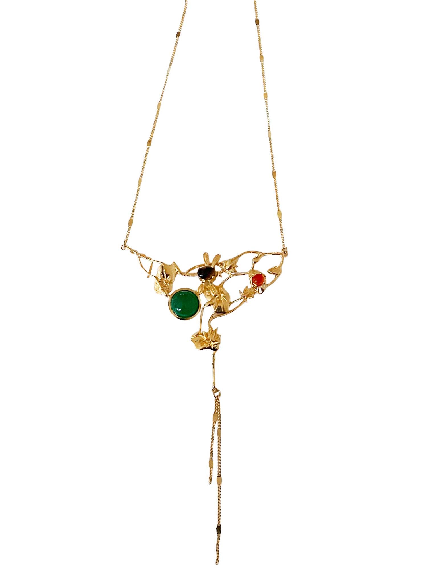Collier Pendentif Broche Art Nouveau - Jade Vert Et Blanc, Perles Donut - Doré - Neuf Sans Emballage