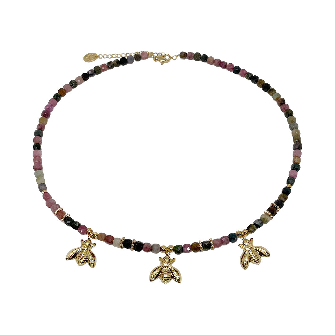 Collier Pierres fines et abeilles dorées